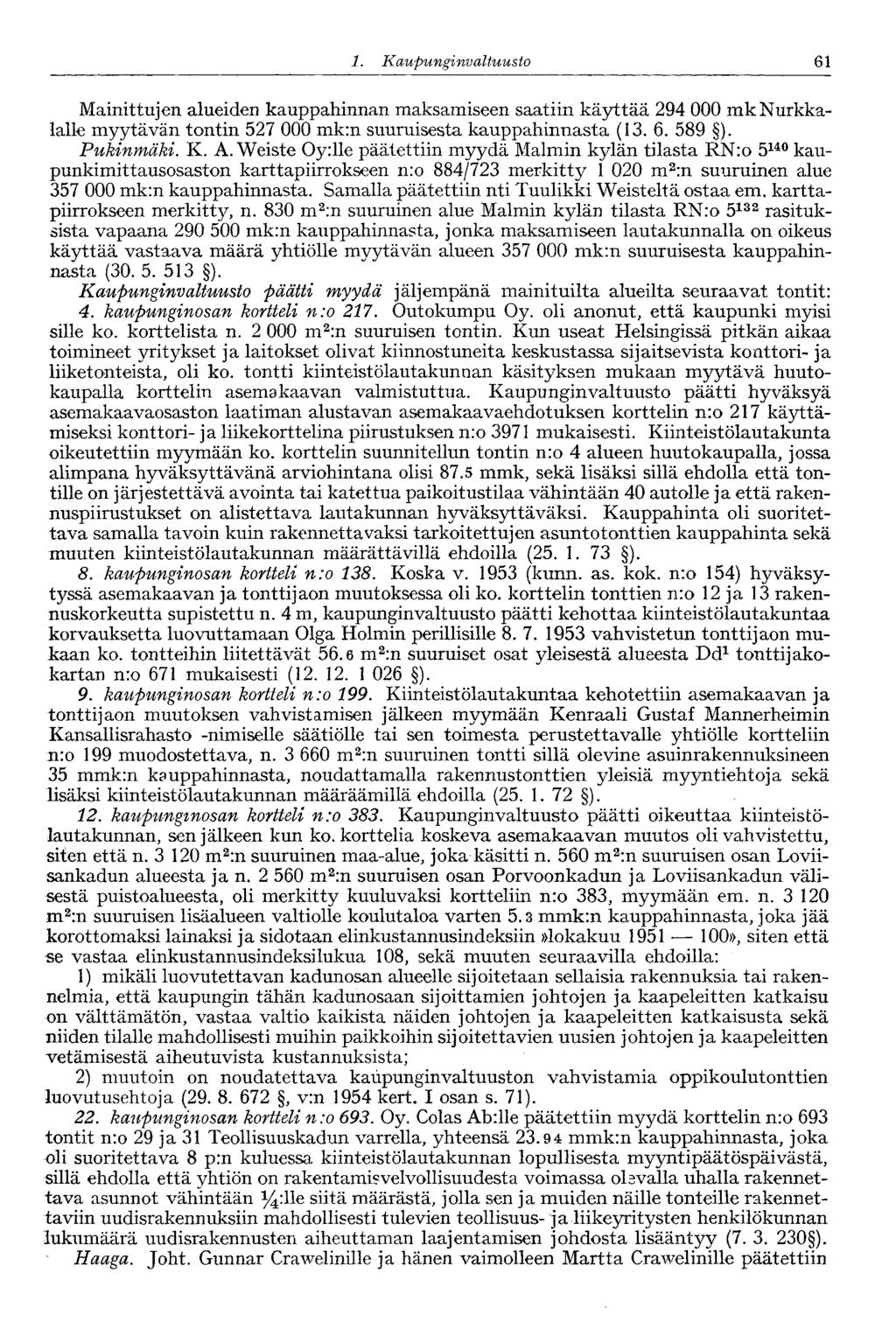 '61 1. Kaupunginva Ituusto Mainittujen alueiden kauppahinnan maksamiseen saatiin käyttää 294 000 mk Nurkkalalle myytävän tontin 527 000 mk:n suuruisesta kauppahinnasta (13. 6. 589 ). Pukinmäki. K. A.