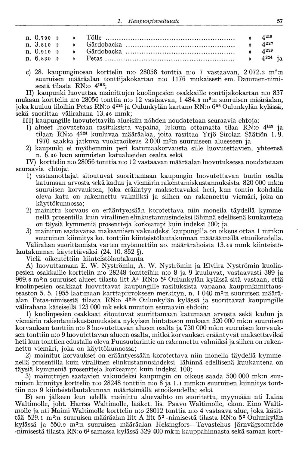 '57 1. Kaupunginva Ituusto n. 0.790»» Tölle» 4 218 n. 3.810»» Gärdobacka» 4 227 n. 0.910»» Gärdobacka» 4229 n. 6.830»» Petas» 4 224 ja c) 28.