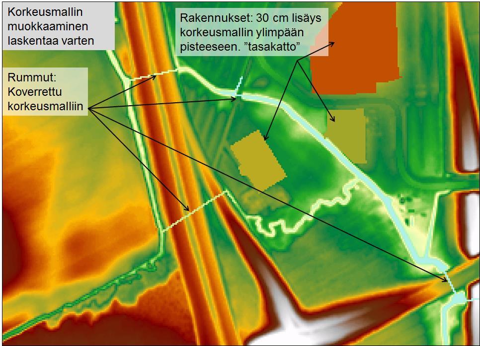 3 Pintavaluntamallin laskentamenetelmä Hulevesitulvakarttojen tuotannossa pintavaluntamallilla on laskettu sadetapahtuman aiheuttama pintavalunta 2 x 2 m