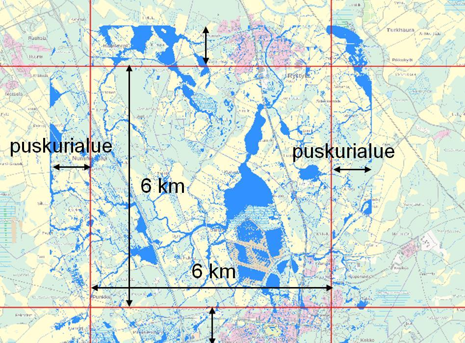 Laskenta suoritettiin kerrallaan yhdelle TM35 1:10 000 karttalehdelle (6 x 6 km): Ruudun ympäriltä mukaan otettiin 1 km suuruinen puskurialue, joten yhden laskenta-alueen koko oli 8 x 8 km.