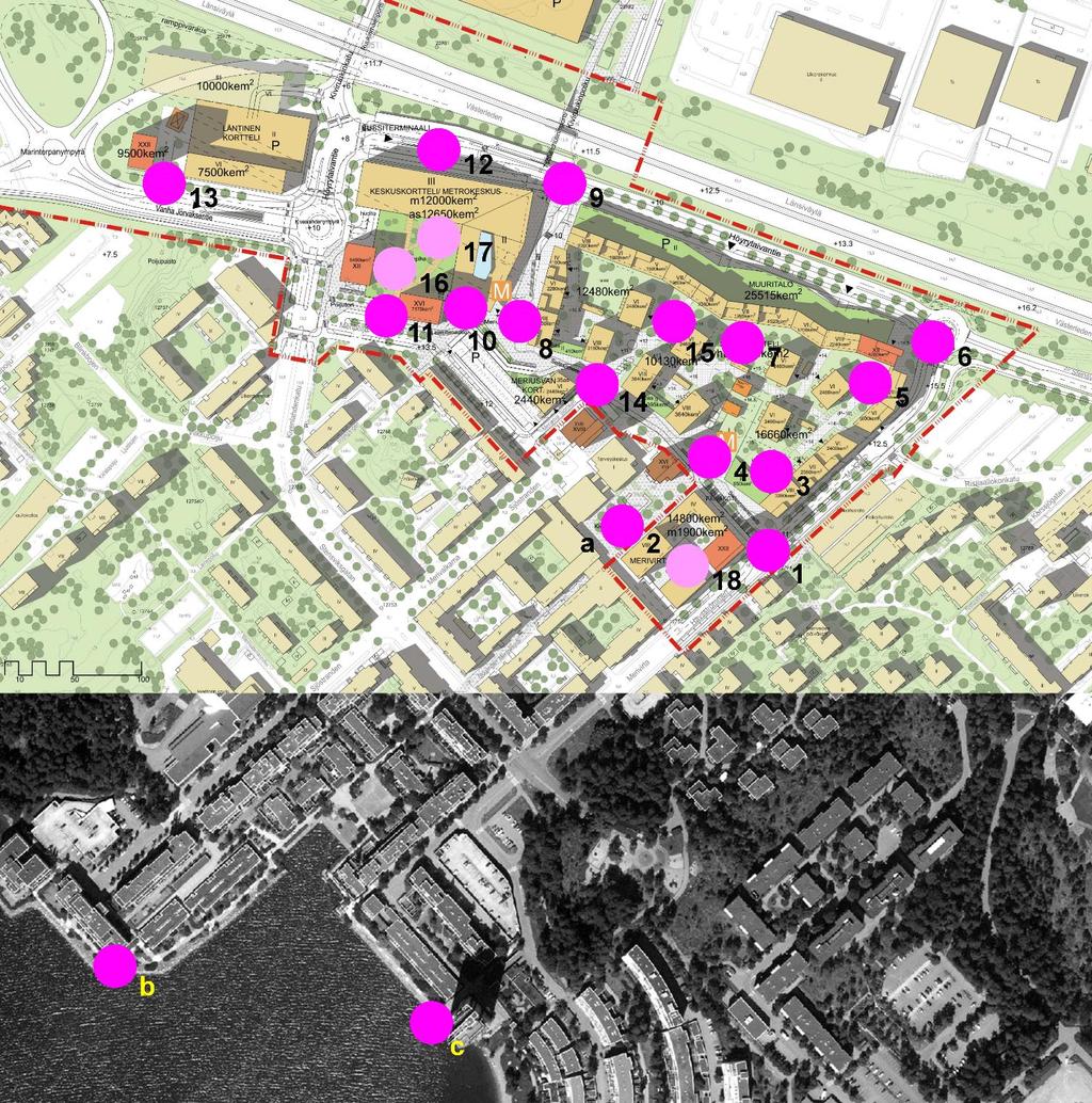 Kuva 1: Tuulisuuden laskentapisteet (kuva muokattu HKP Arkkitehdit ja Espoon kaupungin aineistosta).