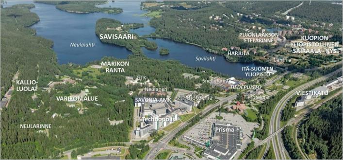 Savilahden Kaupunginosa sijaitsee noin kaksi kilometriä Kuopion keskustan torilta länteen (kuva 1). Vaikka Savilahti on keskustan vieressä, luonto on alueella läsnä monin tavoin.