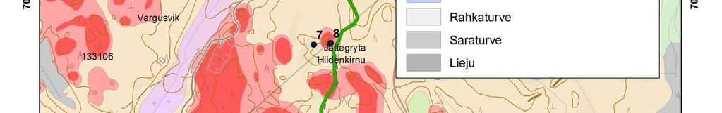 Selkeimmin näkyvät kompassisuunnassa 320 (luode) olevat uurteet, jotka edustavat todennäköisesti jäätikön viimeisintä