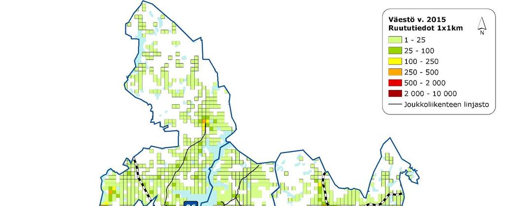 3 (23) Kuva 1 Väestön sijoittuminen Tampereen kaupunkiseudulla Joukkoliikenteen palvelutaso on määritelty kaikille alueille, joilla on yli 50 asukasta 250 m x 250 m kokoisella ruudulla.