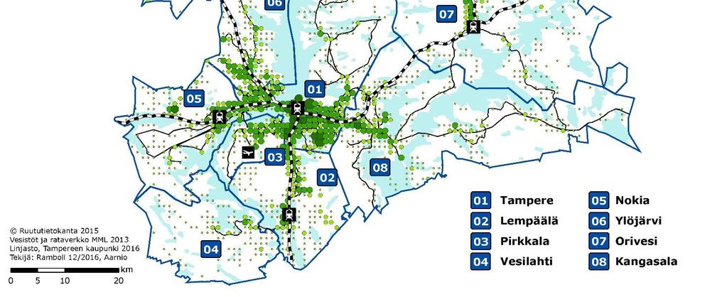 4 (23) Kuva 2: Työpaikkojen sijoittuminen Tampereen kaupunkiseudulla.