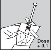 Pidä kiinni ruiskun pakkauksesta ja vedä männän valkoista tappia HITAASTI ulos 0,1 ml lapselle määrättyä annosta pidemmälle.