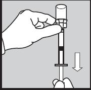 Näet, kuinka lääkeneste imeytyy injektiopullosta ruiskuun. Paina männän valkoinen tappi pohjaan asti, jolloin lääkeneste puristuu takaisin injektiopulloon.