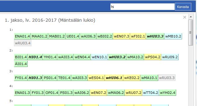 Hakutoiminto Voit etsiä tietyn aineen kursseja kirjoittamalla sinisen yläpalkin hakuruutuun kyseisen aineen tunnuksen ja painamalla ENTERiä tai