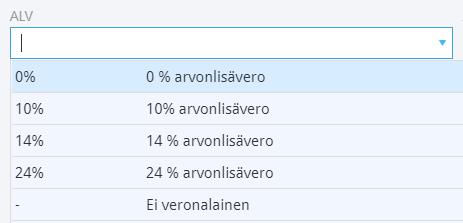 Tunnus Kirjanpitotilin numero tilikartalla Nimi Kirjanpitotilin nimi Taseen/tuloslaskelman erä Määrittele oikea taseen/tuloslaskelman rivi ALV Määrittele alv-kanta ALV:n ilmoittaminen Määrittele