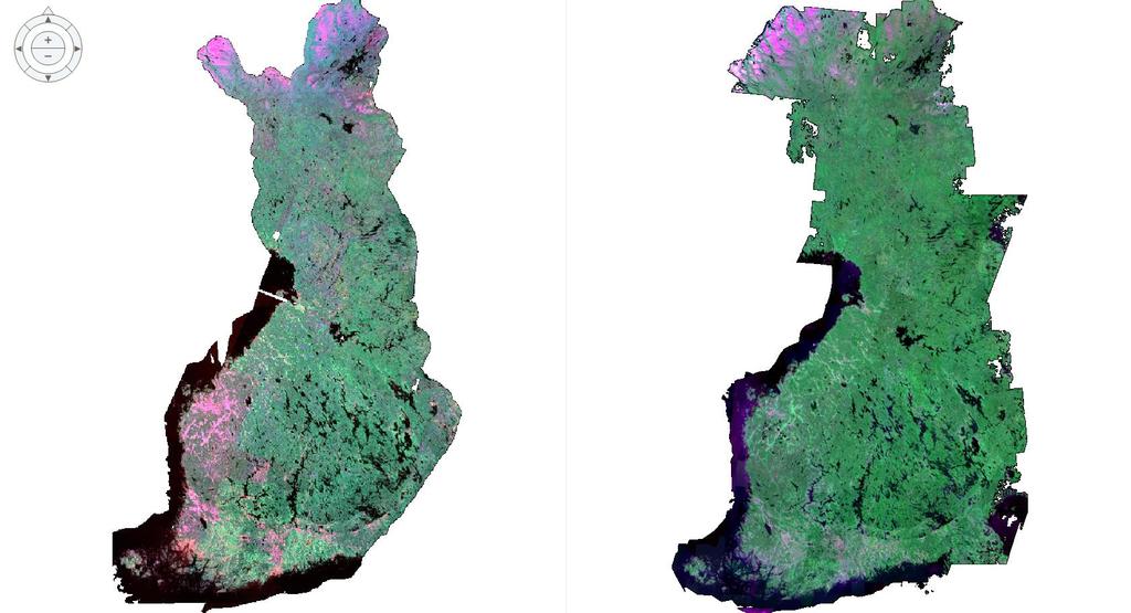 Tuotteet: S2ref Landsat-7 ETM+-kuviin perustuva IMAGE2000- mosaiikki, punertavat alueet Länsirannikolla ja Etelä-Suomessa johtuvat syksyllä otettujen kuvien käytöstä