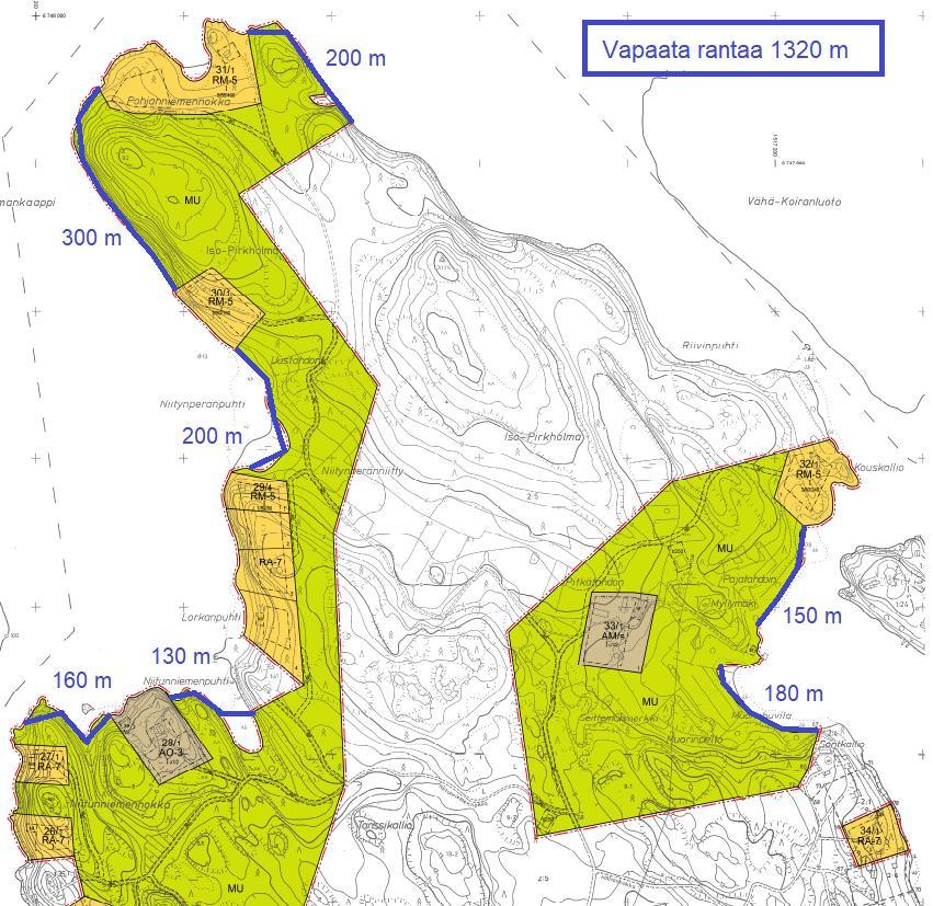 Nosto Consulting Oy 24 (31) Vapaan rannan laskentatapa karttaesityksenä (korjattu laskelma): Rakennuspaikkojen lukumäärä Voimassa olevissa Iso-Pirkholman ranta-asemakaavassa ja muutoksissa