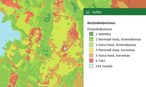 Kehitetyssä laskentamenetelmässä muodostetaan hilatasoinen staattinen korjuukelpoisuusennuste, joka voidaan tuottaa laajoille alueille hyödyntäen avoimia paikkatietoaineistoja.