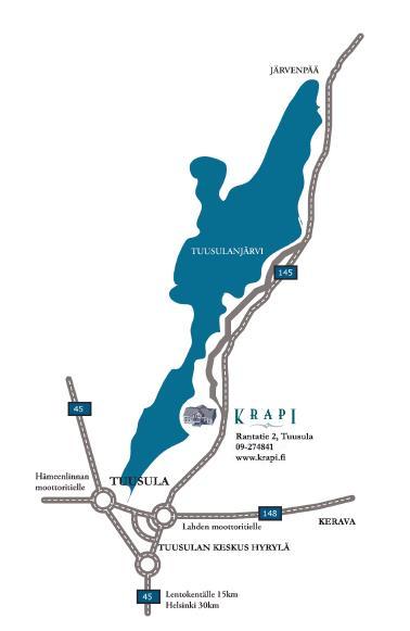 SAAPUMINEN TUUSULAAN Linja-autolla Krapille pääsee linja-autolla Helsingistä, Keravalta, Tuusulasta ja Järvenpäästä. Järvenpään suunnasta saavuttaessa Krapin pysäkki on aivan Krapin kohdalla.