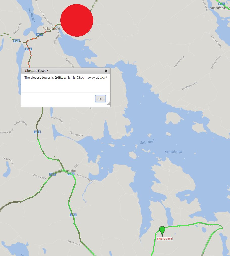 6 Kuva 4. Lähin tukiasema ja sen etäisyys CellMapperissa. Kuvassa 4 nähdään, että etäisyys lähimpään Elisan tukiasemamastoon on noin 9,3 km ja tukiaseman enb ID -tunnus on 2481.