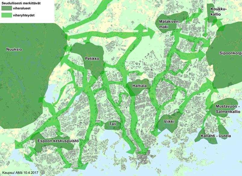 Turvaamme seudullisen viheraluejärjestelmän ja vahvistamme ekologisia yhteyksiä Verkosto säilyy hyvänä Viheralueiden palvelut