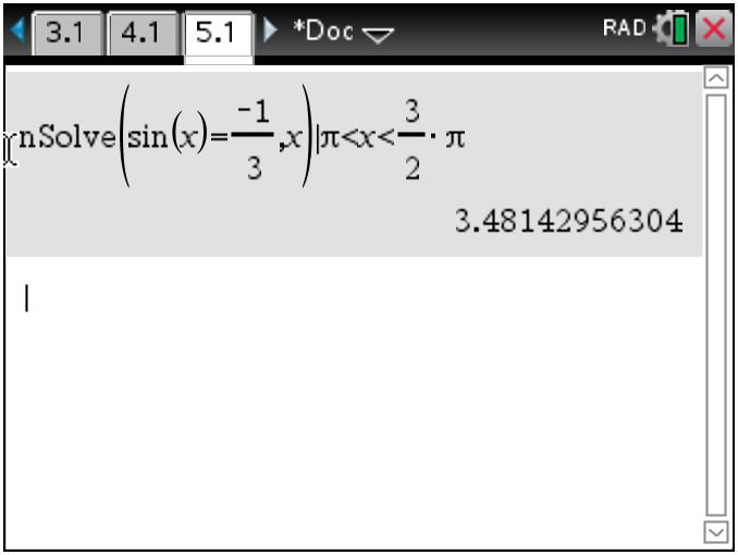 -1 cos( x ) =-, josta eräs kulma x = cos (- ) =,801755744157... (rad). Kaikki yhtälön cos( x ) =- ratkaisut ovat x=±,801755744157 + n p, missä n on kokonaisluku.