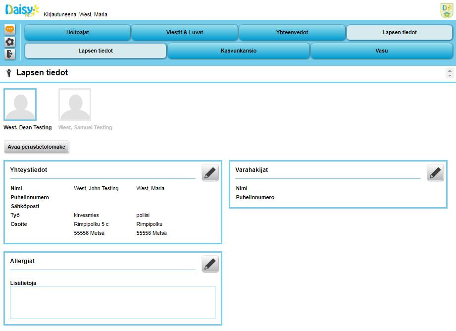 Lapsen tiedot Lapsen tiedot Tällä välilehdellä näet kaikki lapsesi ja voit tarkastella ja täydentää heidän perustietojaan.
