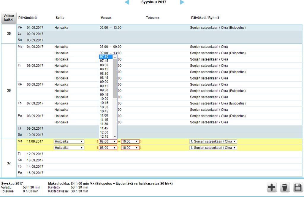 Hoitoajat Muokkaaminen, lisääminen, poistaminen ja laskurin tulkinta 4. 5.6.