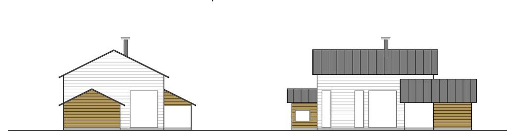 Kuva 3. Harjakatto 1:2. Harja on rakennuksen pidemmän julkisivun suuntainen. 3.3 Julkisivumateriaalit ja väritys Asuinrakennusten pääasiallinen julkisivumateriaali on leveää vaakalaudoitusta tai vaihtoehtoisesti rappaus.