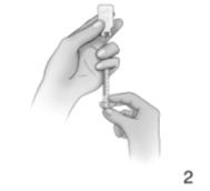 5. Käännä injektiopullo ja ruisku ylösalaisin, ja nosta ne silmien tasolle (kuva 2). 6. Varmista, että siirtoneulan kärki on vedessä, ja vedä ruiskun mäntää ulospäin hieman 1,0 ml:n merkinnän ohi.