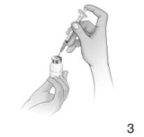 Varmista, että ruiskussa on 1,0 ml vettä, ja vedä neula sitten pois injektiopullosta. (Injektiopulloon jää vielä vettä.) 8. Työnnä siirtoneula Ilaris-kuiva-aineinjektiopullon tulpan keskiosan läpi.