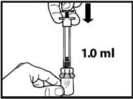 Kierrä ruisku varovasti kiinni adapteriin. Älä käytä voimaa. Tässä vaiheessa ei tarvita neulaa. Vaihe 6: Ilman (1,0 ml) painaminen liuotininjektiopulloon Paina mäntä hitaasti pohjaan asti.