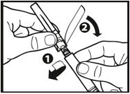 Vaihe 18: Neulan kiinnittäminen Älä koske neulan päähän äläkä ruiskun kärkeen. Ota turvaneula läpipainopakkauksesta. Kierrä turvaneula kiinni käyttövalmiiseen ruiskuun.