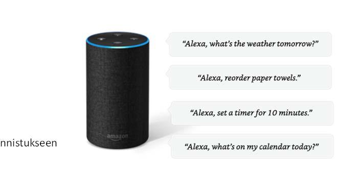 Tekoälyn sovelluksia (1) Puheentunnistus on jo arkipäivää monenlaisessa tuotantokäytössä Tunnetuimmat puheavustajat (chat botit): Alexa (Amazon), Allo (Google), Cortana (Windows), Siri (Apple)