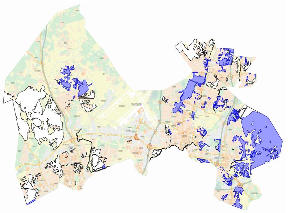 Kuva 4. Asukkaiden kokemat hiljaiset alueet valkoisella. Asukkaiden kokemat hiljaiset alueet, joita laskenta tukee, on esitetty sinisellä.