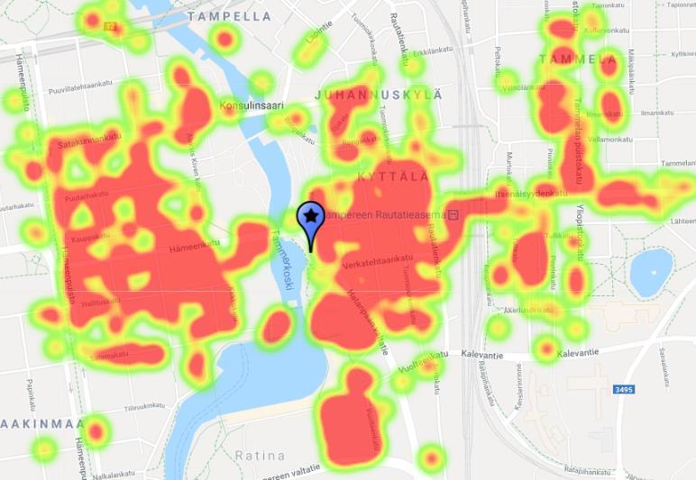 Tampereen keskustan voimakartta ja keskipiste Tampereen keskustan voimakartta kertoo ns. kuumien yritysten eli lauantaisin palvelevien yritysten keskittymisen ja epäjatkuvuuskohdat.