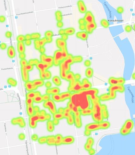 Voimakartta: keskustan länsipuoli Voimakartta lähemmäs tarkennettuna paljastaa keskittymät ja epäjatkuvuuskohdat.