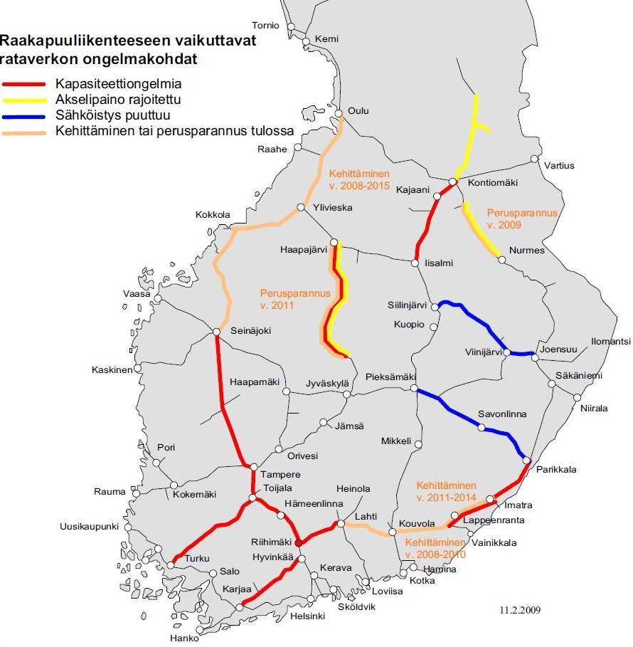 23 Kuva 9. Merkittävimmät rataverkon puutteet raakapuun kuljetuksissa sekä tulevat/ päätetyt kehitys- ja perusparannushankkeet.