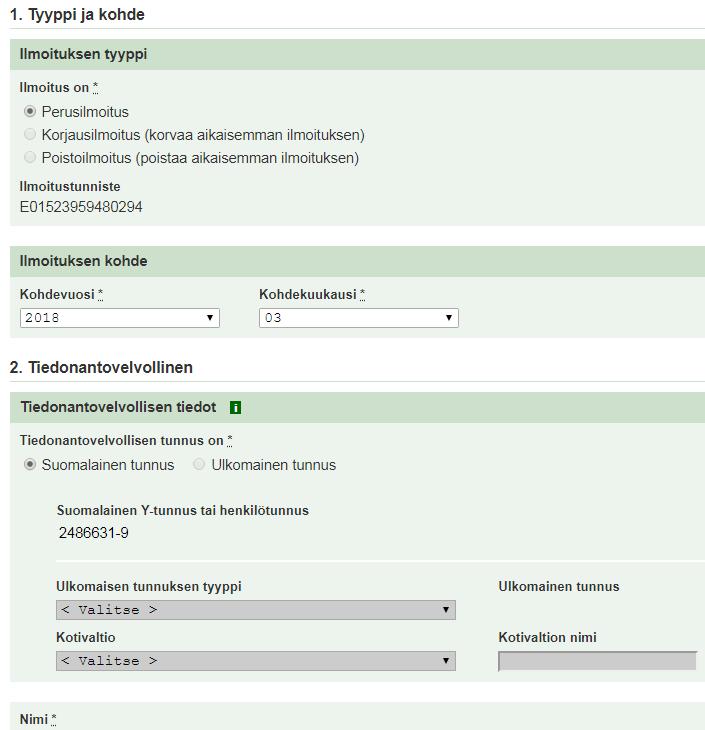 urakoitsijan tiedot sekä työmaan nimi ja numero. Lisäksi siihen syötetään ilmoitettavan työnantajan yhteystiedot ja haluttu kohdekuukausi.