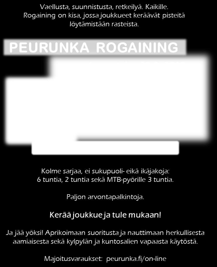 Kahden tunnin sarjaan voi osallistua yksinkin, mutta muissa pitää olla 2 5 hengen joukkue. Esimakua antavaksi syötiksi Peurunka-rogainingista pidetään Jukolan jälkeiset iltarastit 19.6.
