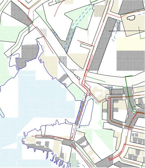 Sivu 10/11 Kuva 1. Jätevesiverkosto näkyy punaisella viivalla ja hulevesiverkosto vihreällä. jätevesiverkostot Rannan läheisyydestä kulkee jätevesiputkia.