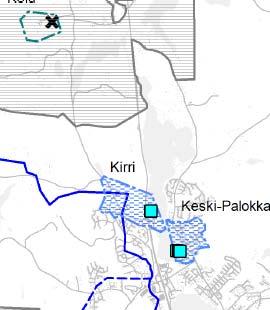 aluerajauksena. Vesivarojen suojelua kuvaavalla kartalla 4/7 on osoitettu Kirrin pohjavesialueen rajaus. Vedenottamo (turkoosi neliö) jää osayleiskaavan ulkopuolelle.