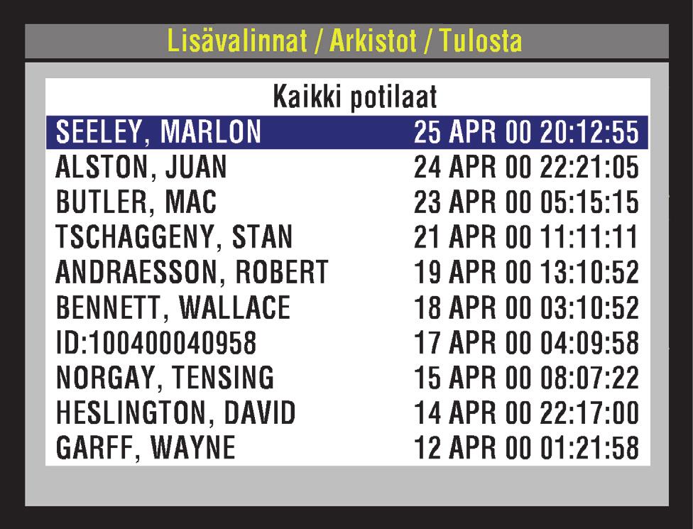 4 Valitse haluamasi potilastietue potilastietueiden luettelosta tai valitse KAIKKI POTILAAT, jos haluat tulostaa luettelon kaikista arkiston potilastietueista.