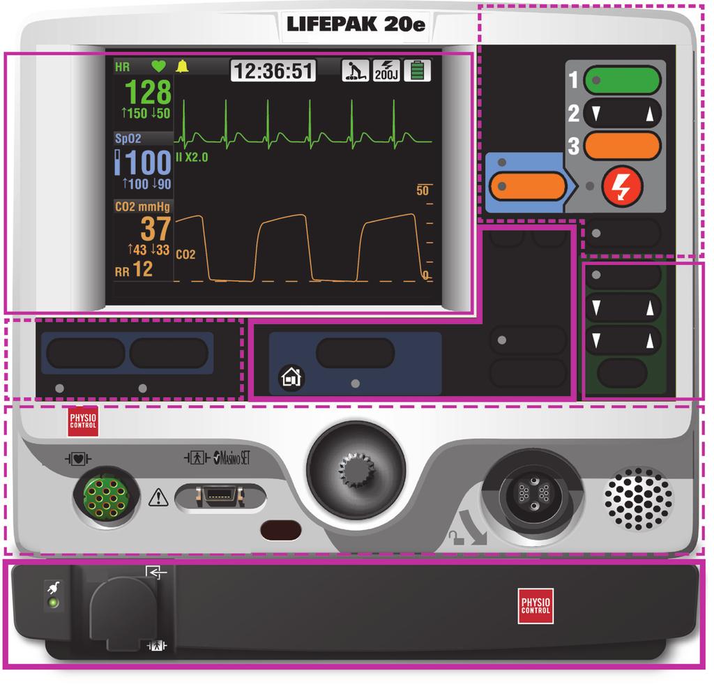 Perustietoja DEFIBRILLATOR / MONITOR Suositeltava aikuisten VF-annos XXX-XXX-XXX J PÄÄLLÄ Alue 7 AED-TILA ANALYSOI ENERGIA- VALINTA LATAA Alue 1 KYTK. KOKO SYNK.