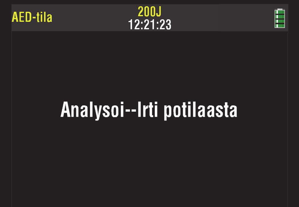 Kun EKG-käyräasetukseksi on valittu PÄÄLLÄ asetusvalikossa (katso Luku 8), EKG näkyy näytössä kaikkien AEDviestien ja -kehotteiden kanssa vasemmalla olevassa kuvassa esitetyllä tavalla.