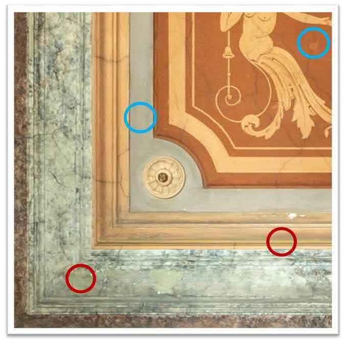11 2. Eteishallin laattarappauksen päällemaalaus (seinä 24) Eteishallin laattarappaukset on niin arkistomateriaalin perusteella kuin silmämääräisestikin arvioituna alun perin marmorointimaalattu