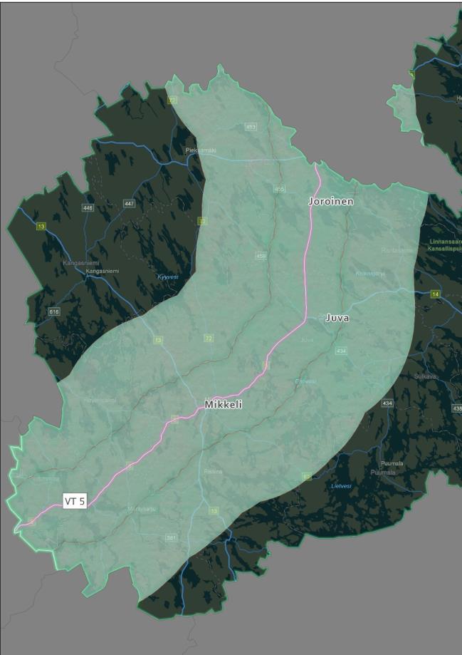 Kuva 3. Viitostien 10 ja 30 kilometrin puskurikartat Etelä-Savon (vasemmalla) ja Pohjois-Savon (oikealla) kohdalla (Lähteet: ESRI, Liikennevirasto) 5.