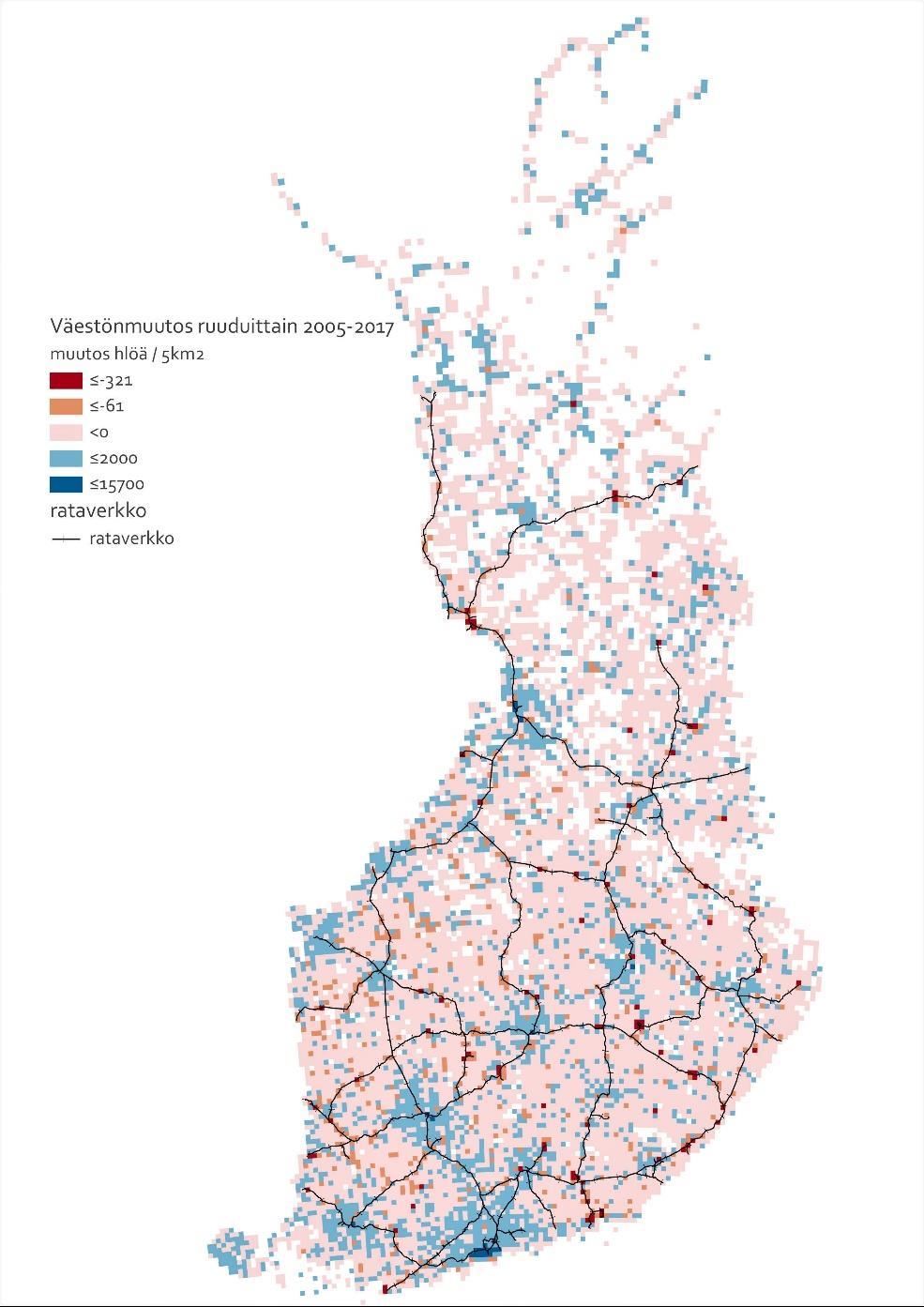 Kuva 4. Väestönmuutos 5 x 5 kilometrin karttaruuduissa koko maassa ja rataverkko vuosina 2005-2017 (Lähteet: Tilastokeskus, ESRI) Kuvassa 5.