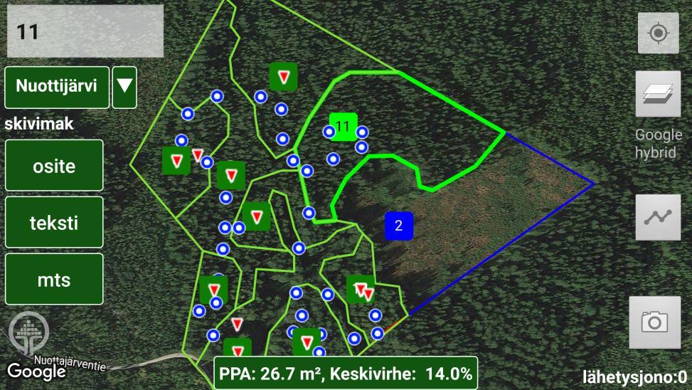 4. Maastotallentimen päänäkymä KUVA 7: MAASTOTALLENTIMEN PÄÄNÄKYMÄ Kirjautumisen jälkeen sovellus aukeaa päänäkymään. 1. Kuvion numero tai nimi. 2. Aktiivisen tilan tai työalueen valinta. 3.