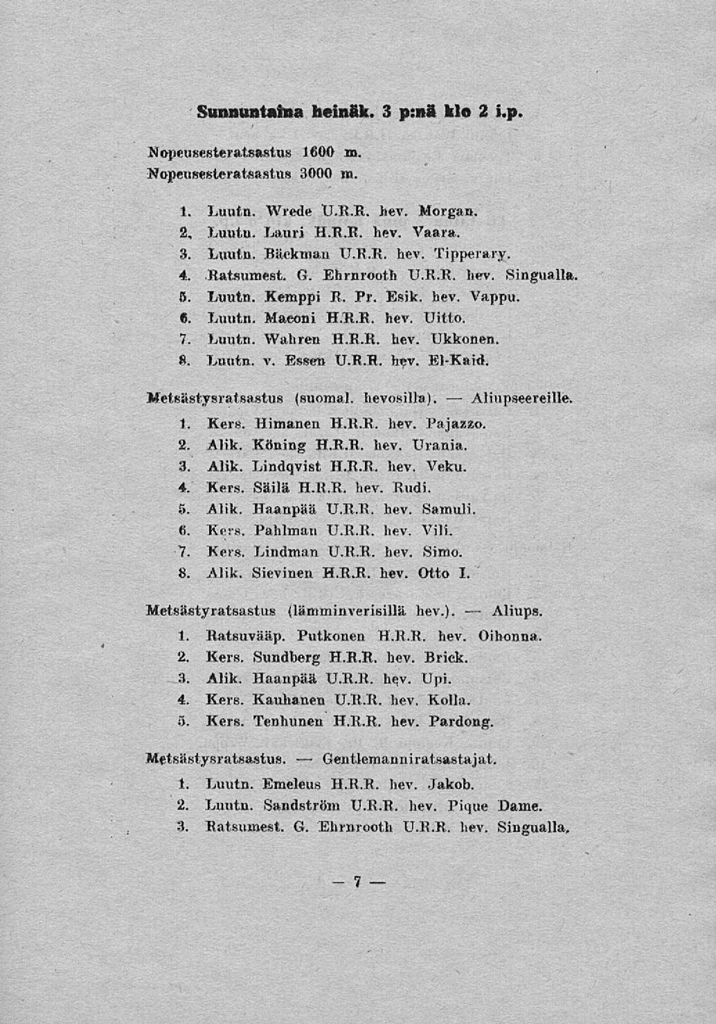 Sunnuntaina neinftk. 3 p:na klo 2 i.p. Nopeusesteratsastus 1600 m. Nopeusesteratsastus 3000 m. 1. Luutn. Wrede U.R.R. hev. Morgan. 2. Luutn. Lauri H.R.R. hev. Vaara. 3. Luutn. Bäckman U.R.R. hev. Tipperary.