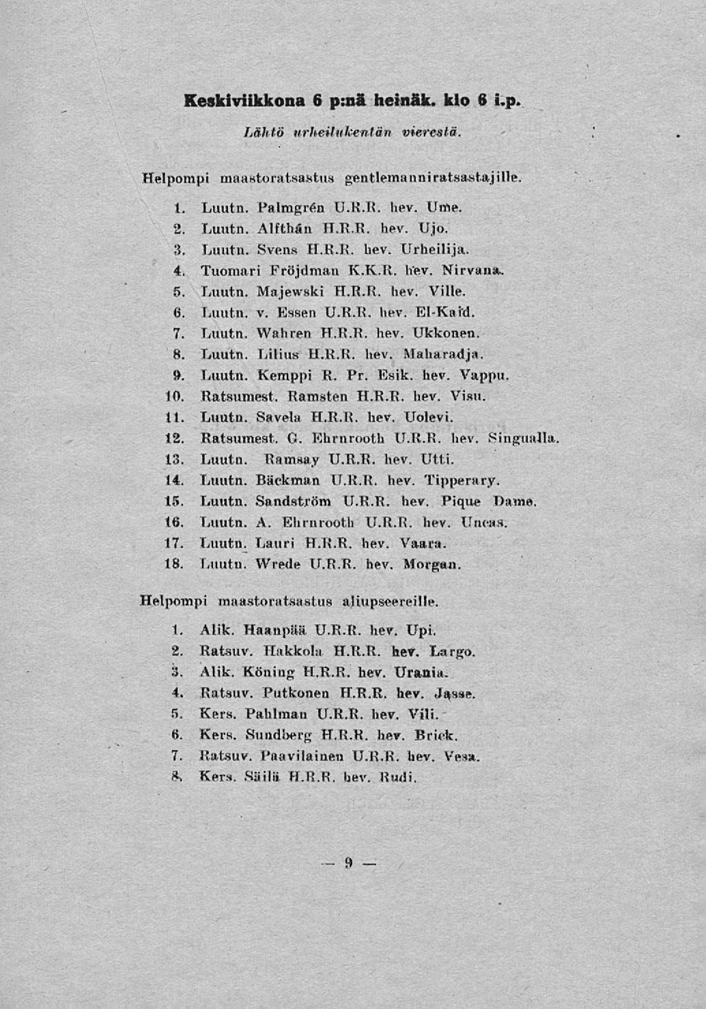 Keskiviikkona 6 p:nä heinäk. klo 6 i.p. Lähtö urheilukentän vierestä. Helpompi maastoratsastus gentlemanniratsastajille. 1. Luutn. Palmgren U.R.R. hev. Uwe. 2. Luutn. Alithan H.R.R. hev. Ujo. 3.