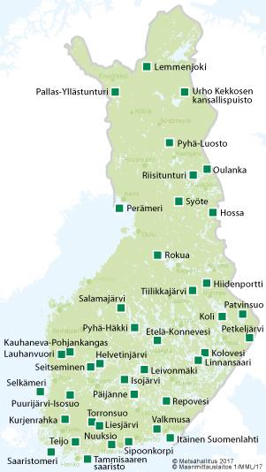 14 Ounastunturin kansallispuisto ja Ylläs-Aakenusvaaran luonnonalueet yhdistyivät ja muodostivat yhdessä Enontekiön, Kittilän, Muonion ja Kolarin kuntien alueelle maamme kolmanneksi suurimman