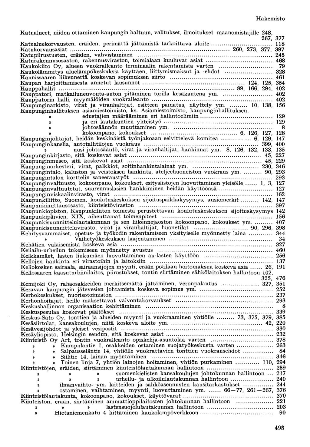 Katualueet, niiden ottaminen kaupungin haltuun, valitukset, ilmoitukset maanomistajille 248, 267, 377 Katualuekorvausten.