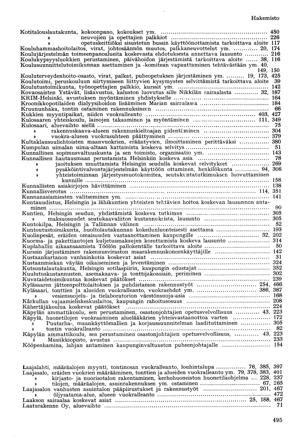 Kotitalouslautakunta, kokoonpano, kokoukset ym 450» neuvojien ja opettajien palkkiot 226» opetuskeittiöksi sisustetun bussin käyttöönottamista tarkoittava aloite 117 Kouluhammashoitolaitos, virat,