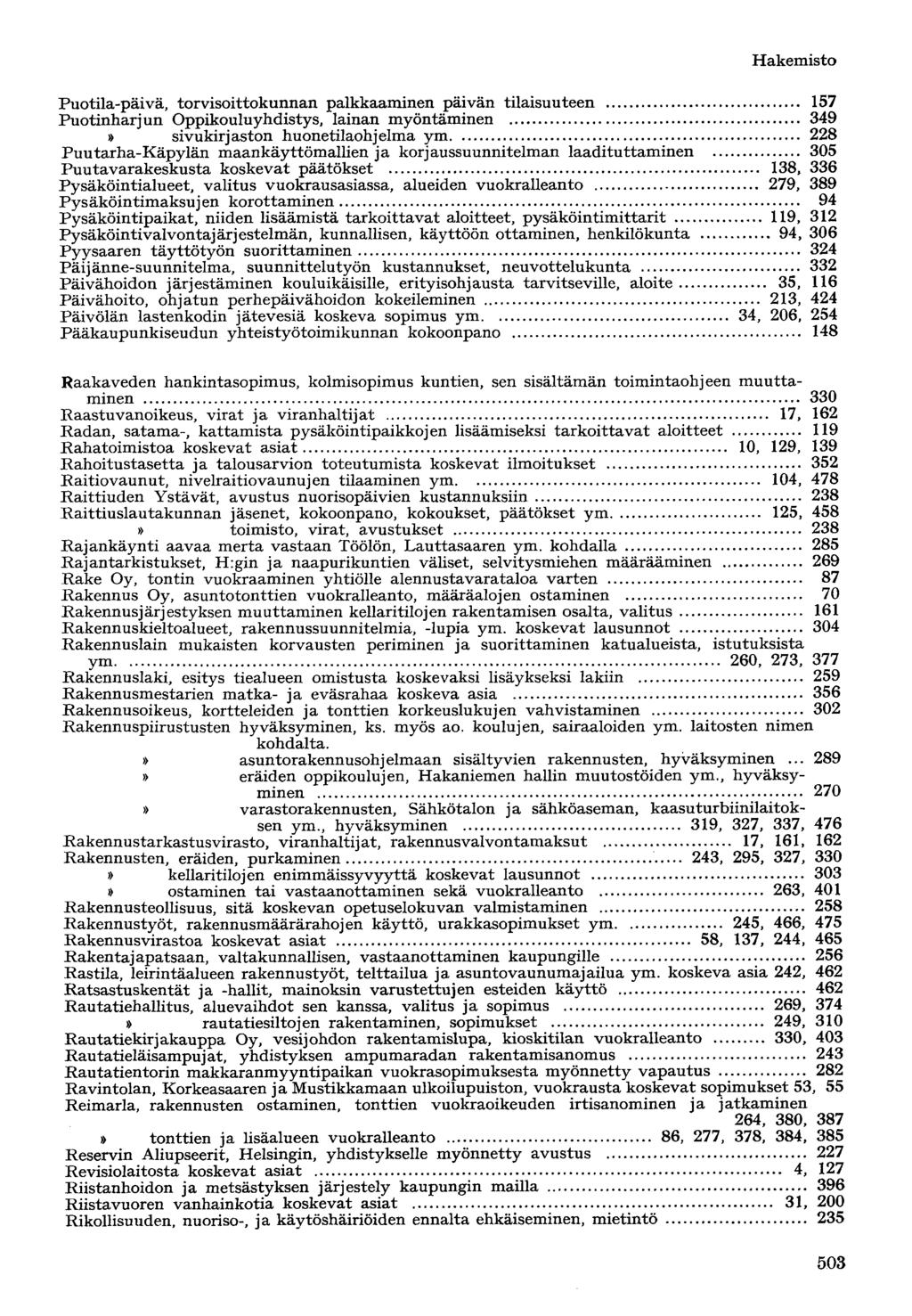Puotila-päivä, torvisoittokunnan palkkaaminen päivän tilaisuuteen 157 Puotinharjun Oppikouluyhdistys, lainan myöntäminen 349» sivukirjaston huonetilaohjelma ym 228 Puu tarha-käpy Iän
