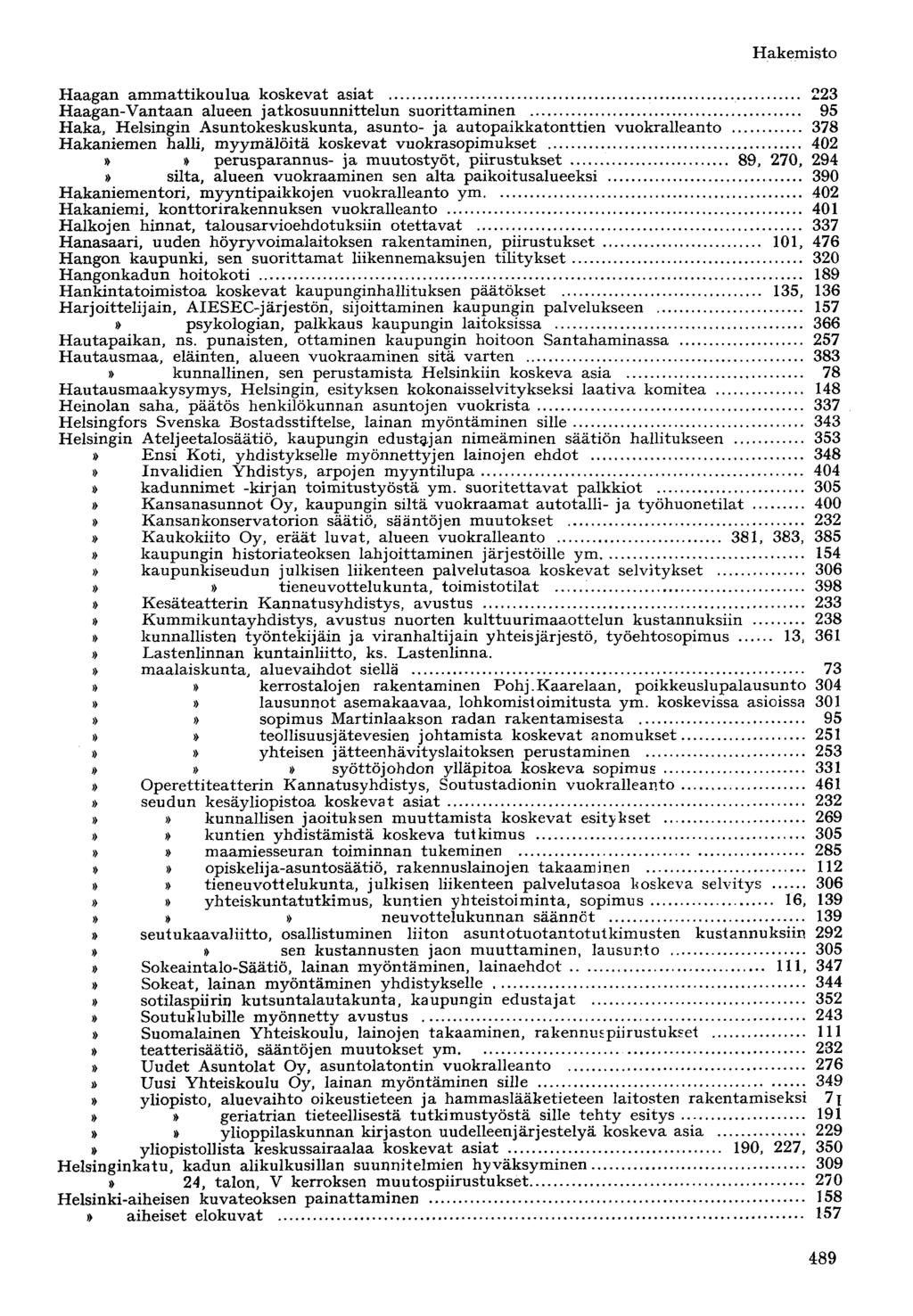 Haagan ammattikoulua koskevat asiat 223 Haagan-Vantaan alueen jatkosuunnittelun suorittaminen 95 Haka, Helsingin Asuntokeskuskunta, asunto- ja autopaikkatonttien vuokralleanto 378 Hakaniemen halli,